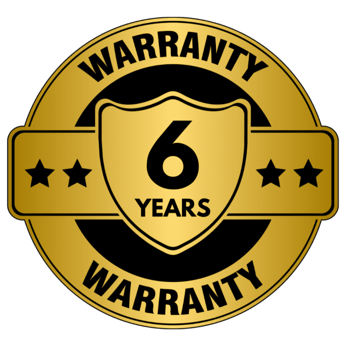 a golden badge that says 6 years Warranty