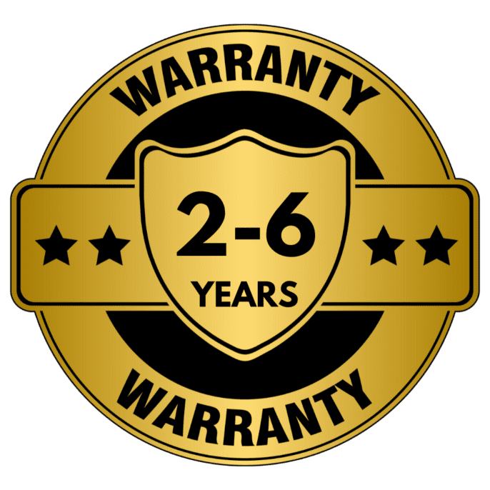 a golden badge that says 2 - 6 years Warranty